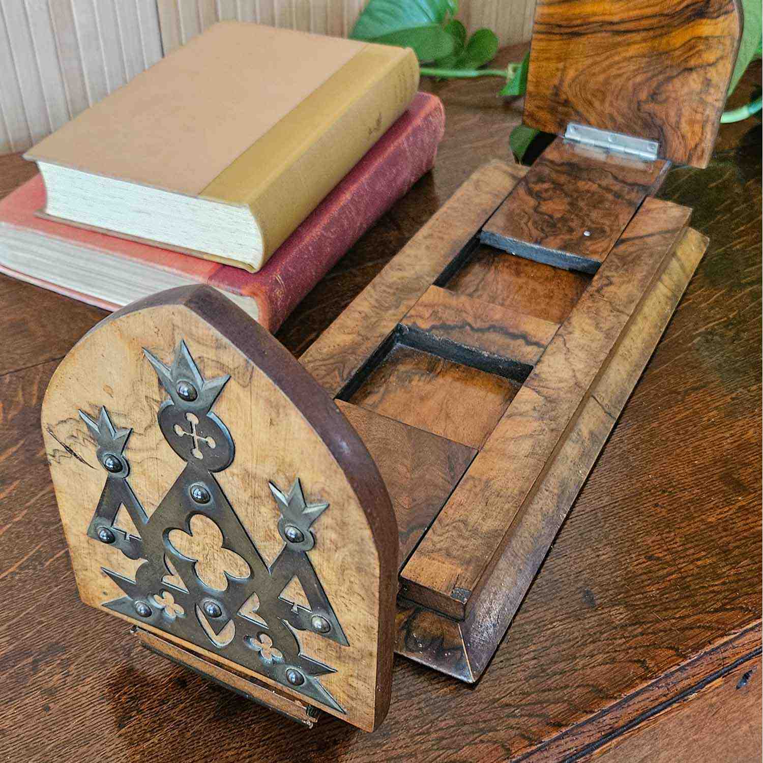 Victorian Burr Walnut and Brass Gothic Style Book Slide