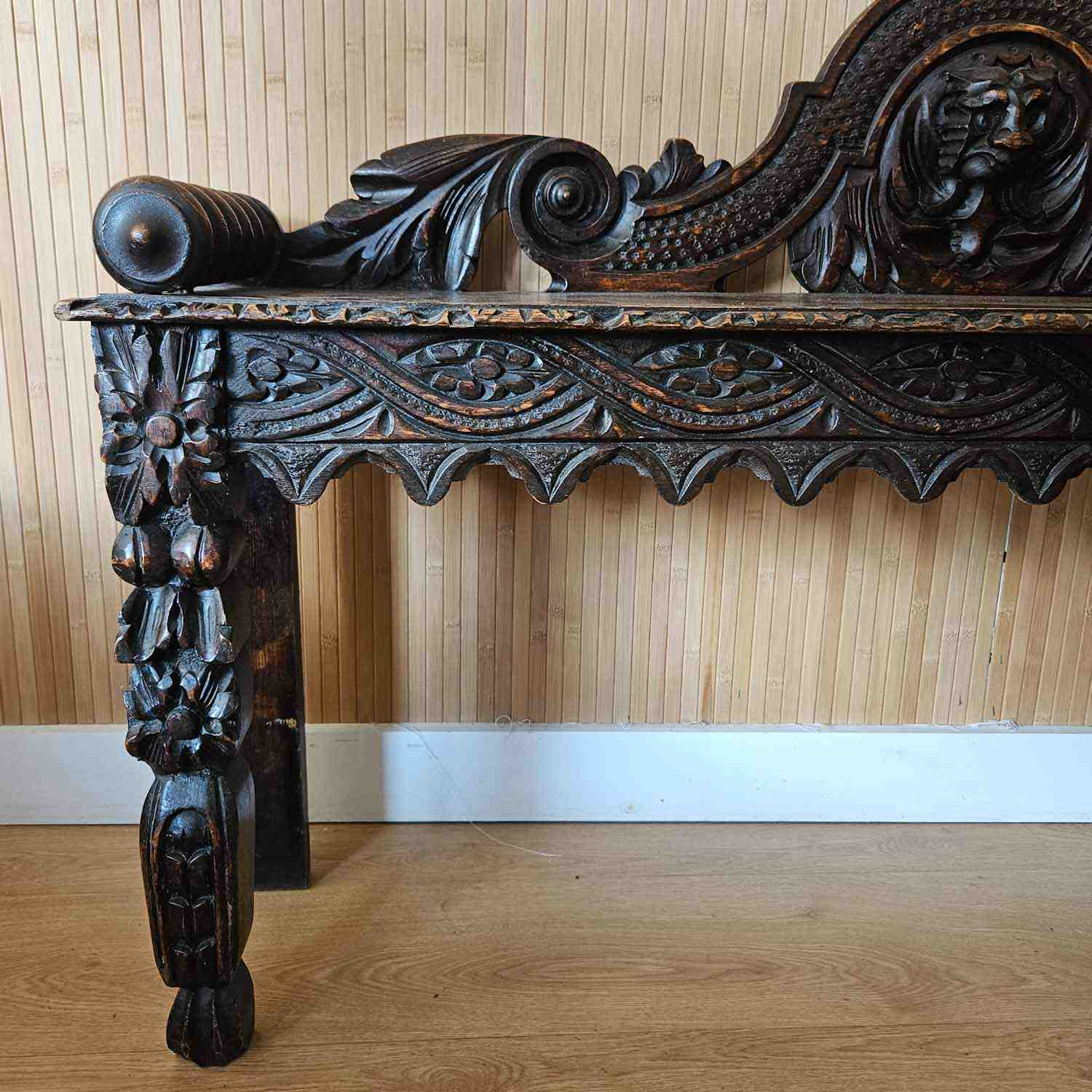 Antique Victorian Heavily Carved Oak Hall Bench