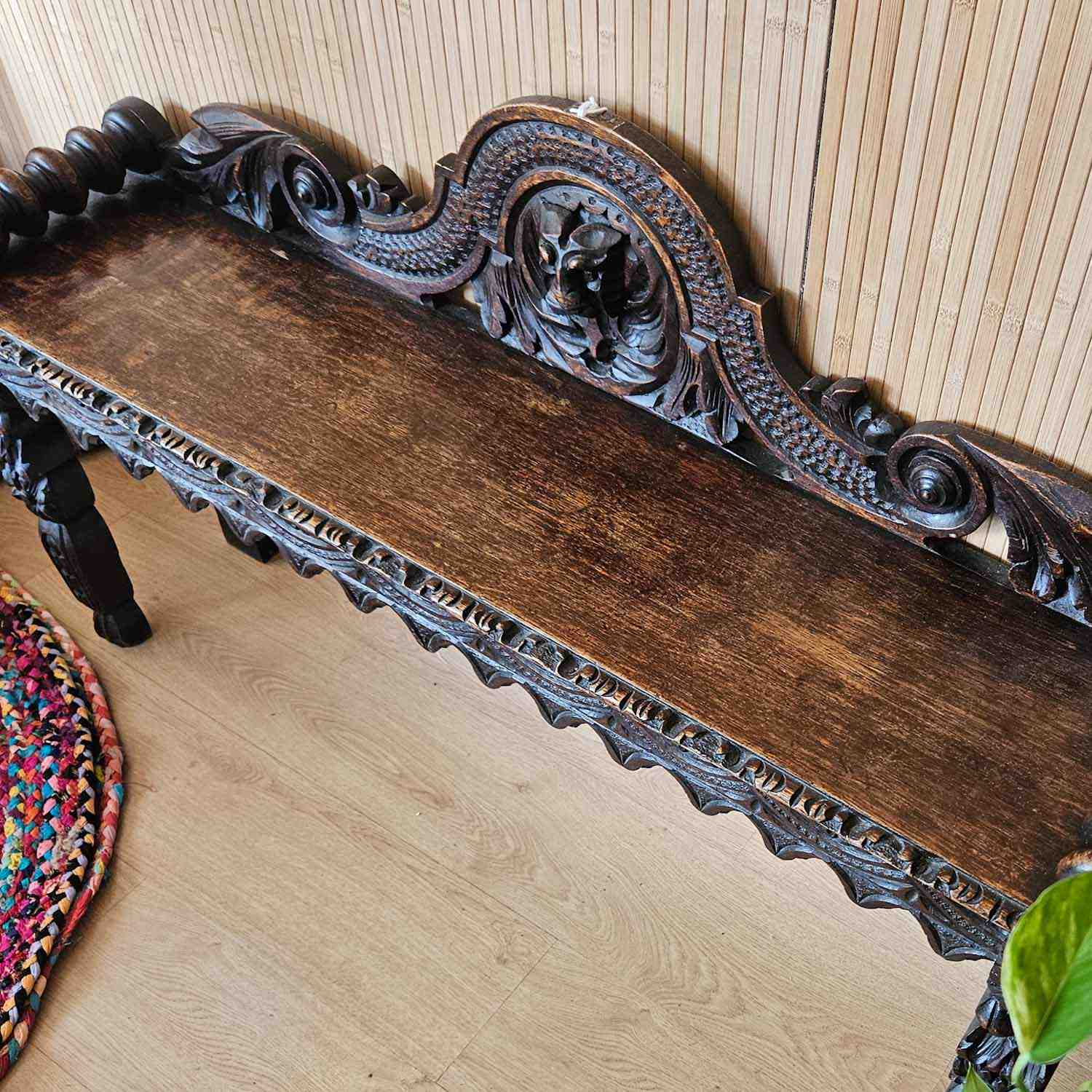 Antique Victorian Heavily Carved Oak Hall Bench