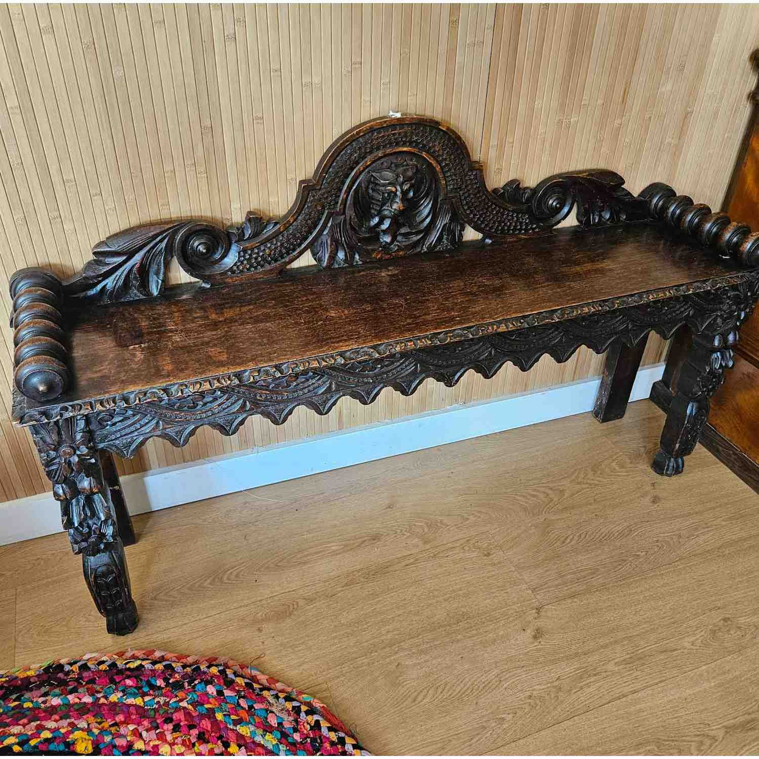 Antique Victorian Heavily Carved Oak Hall Bench