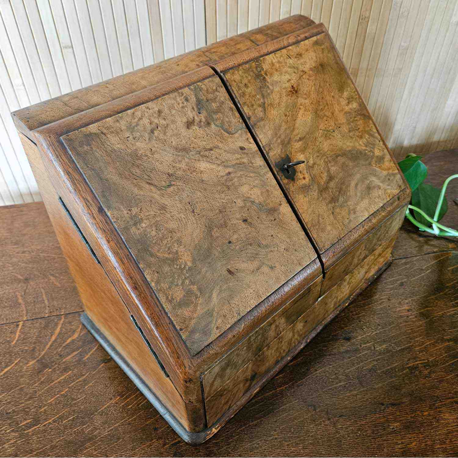 Antique burr walnut desktop stationary cabinet