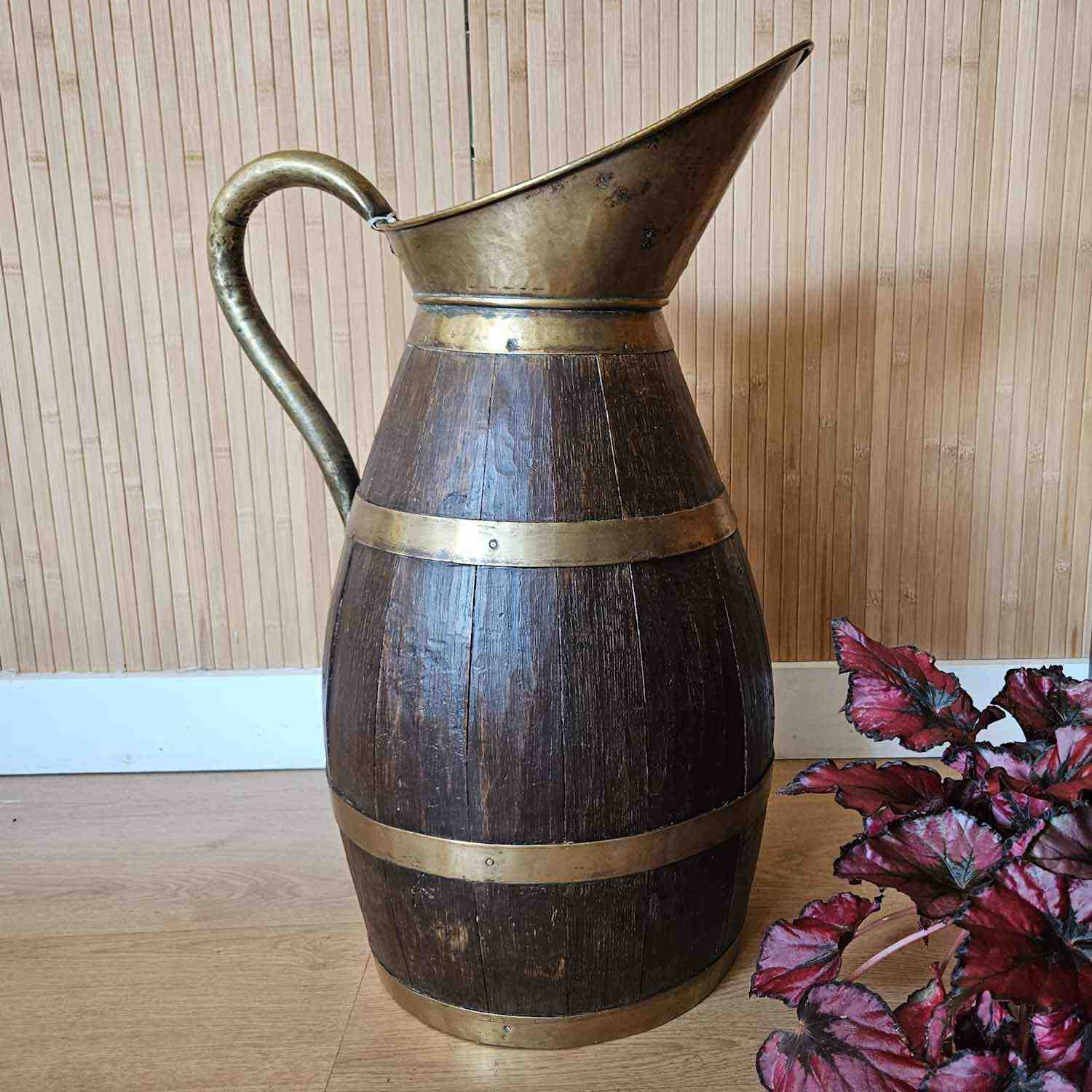 Large Victorian Oak Brass Coopered Jug