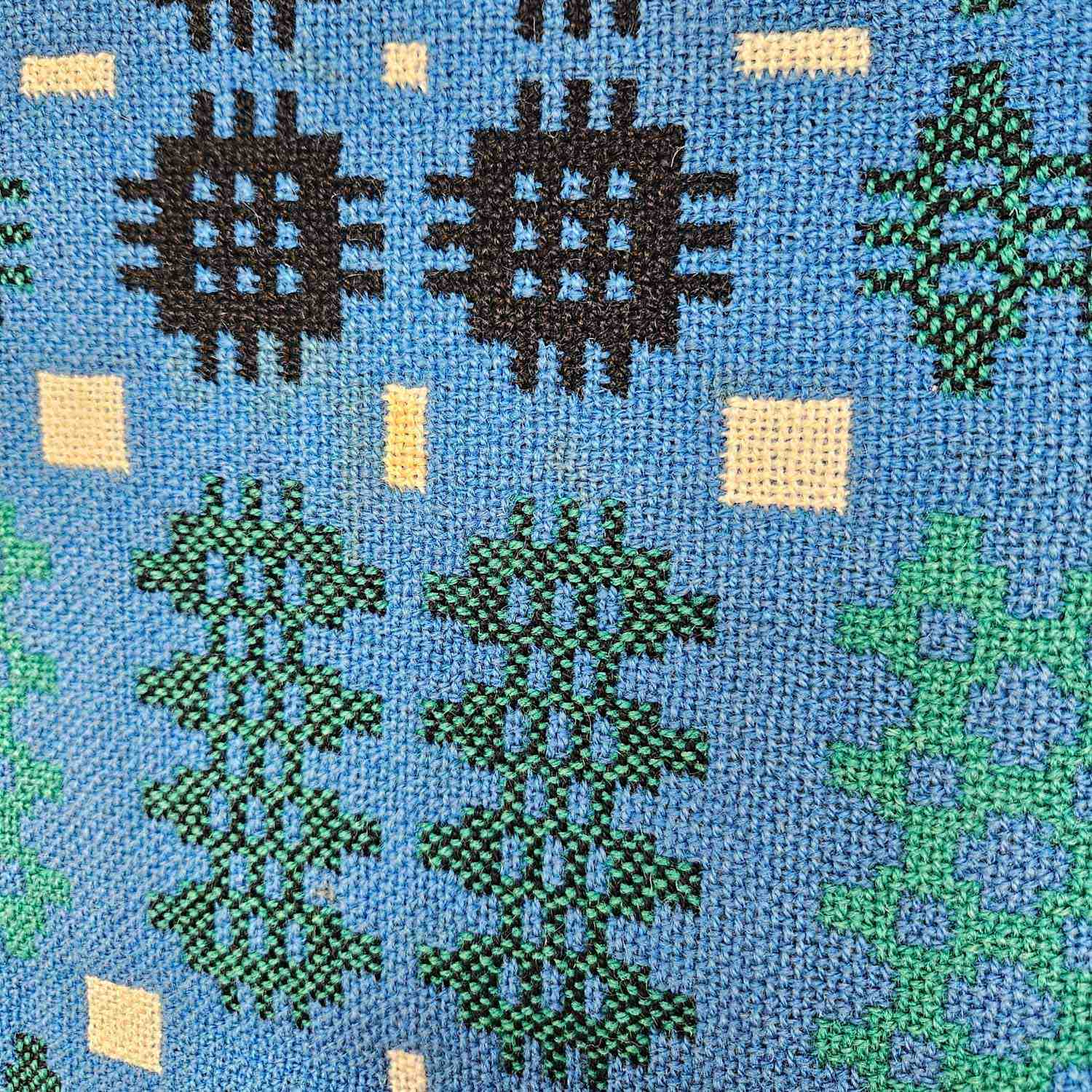 Vintage Welsh blanket in blue, green, cream, and black