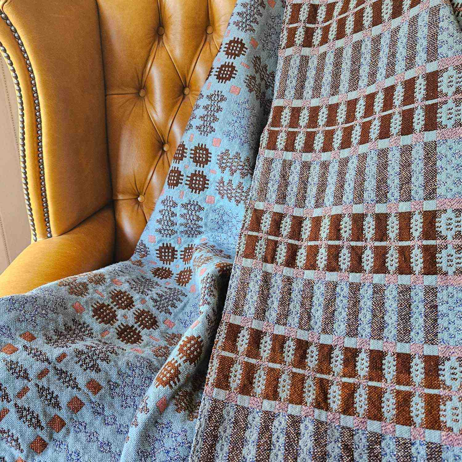 Vintage Welsh blanket in aqua, brown and pink