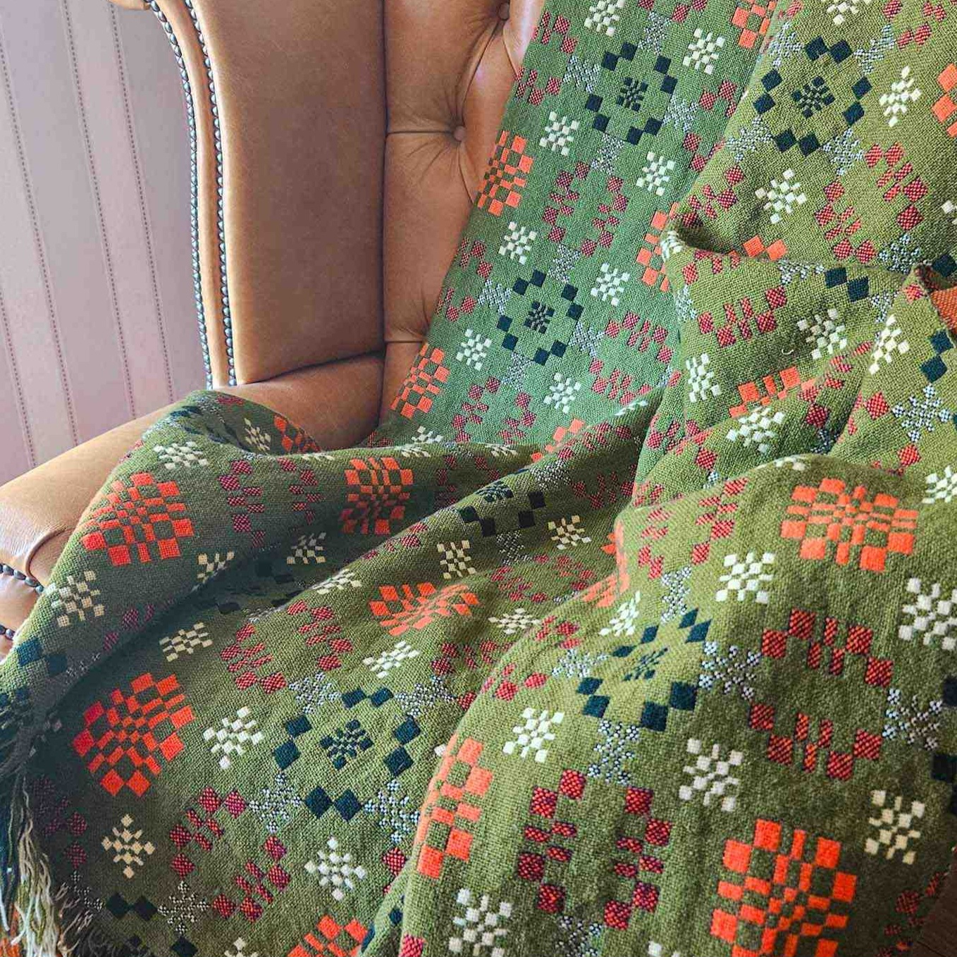 Vintage Welsh blanket in green, orange, cream