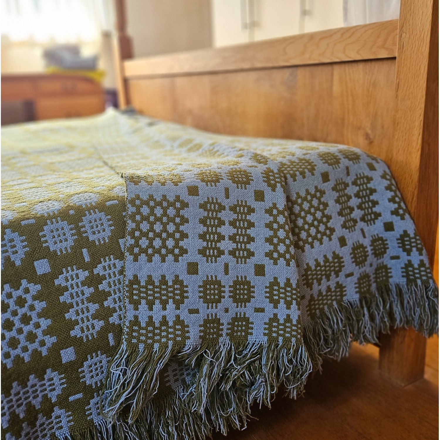 Vintage Welsh blanket olive green and aqua