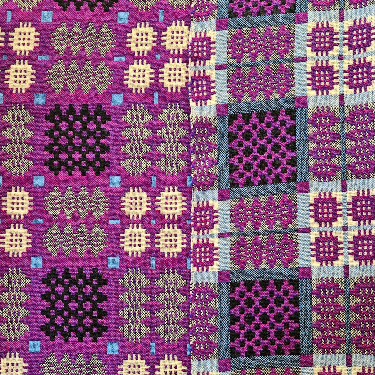 Vintage Welsh blanket in purple, aqua, black, cream