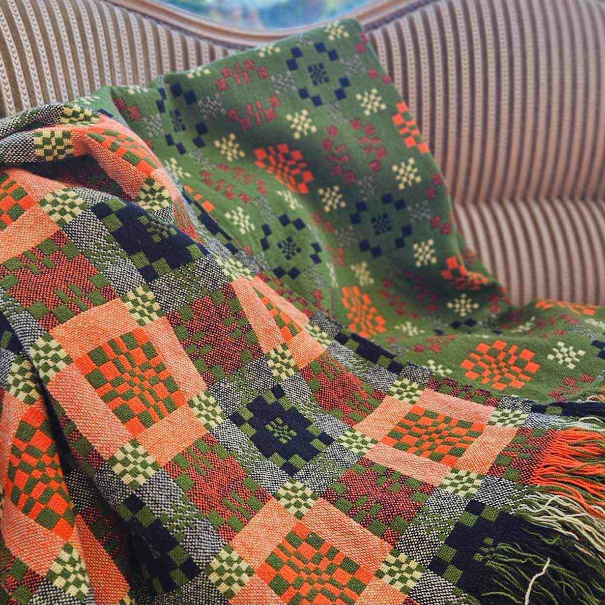 Vintage Welsh blanket in green, orange, cream