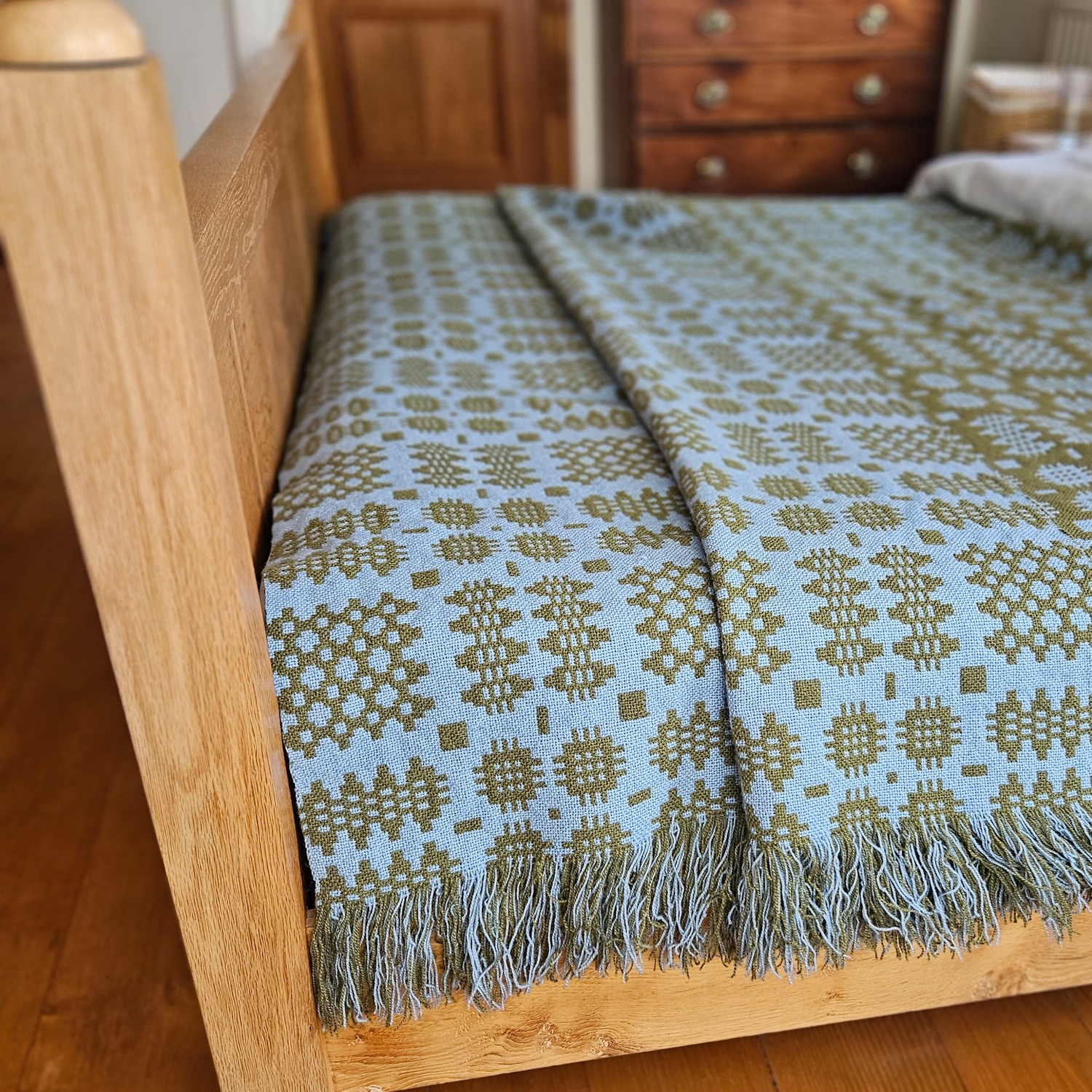 Vintage Welsh blanket olive green and aqua