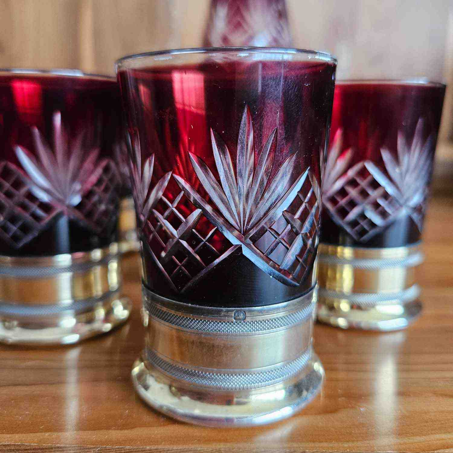 French silver based cut ruby crystal boxed drinks set - decanter and 8 glases