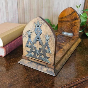 Victorian Burr Walnut and Brass Gothic Style Book Slide