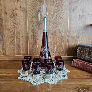 French silver based cut ruby crystal boxed drinks set - decanter and 8 glases